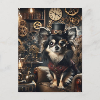 Black and White Long-Hearing Steampunk Chihuahua Vykort