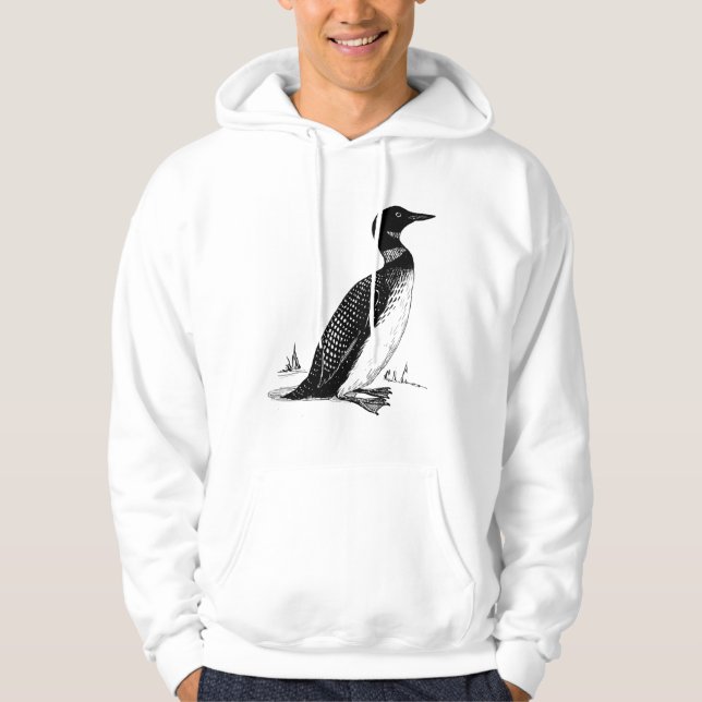Black and White Loon Teckning Sweatshirt Med Luva (Framsida)