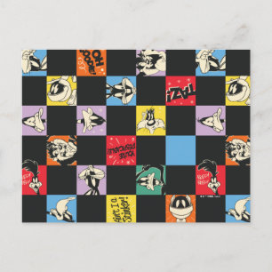 Black and White LOONEY TUNES™ in Colorful Checker Vykort