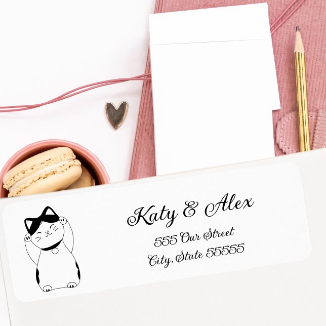 Black and White Lucky Cat Maneki Neko Illustration Returadress Etikett (Skapare uppladdad)