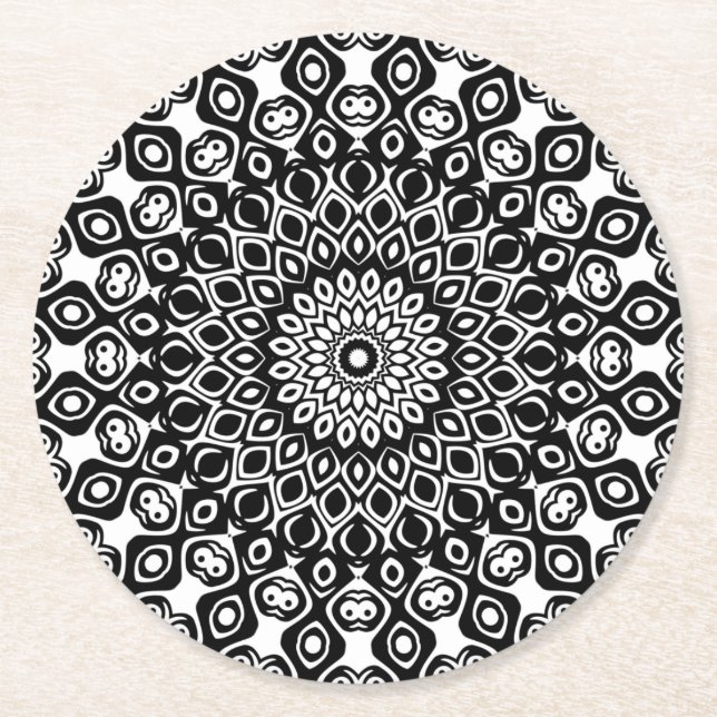 Black and White Mandala Mönster Underlägg Papper Rund (Framsidan)