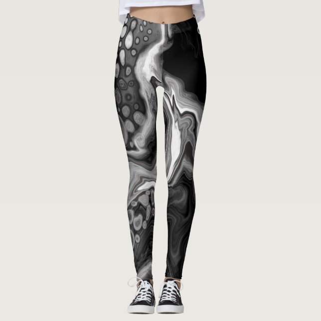 Black and White Marble Digital Fluid Art Leggings (Framsida)