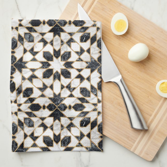 Black and White Marble Moroccan Mosaic Kökshandduk (Vikt i Fjärdedel)