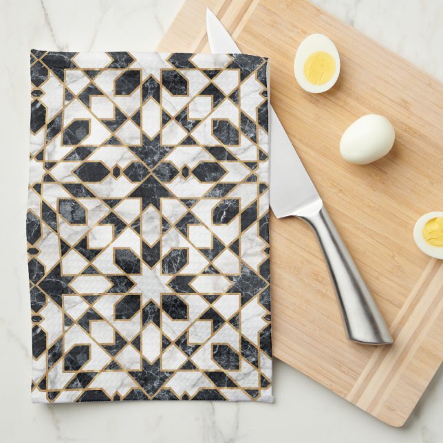 Black and White Marble Moroccan Mosaic Kökshandduk (Vikt i Fjärdedel)