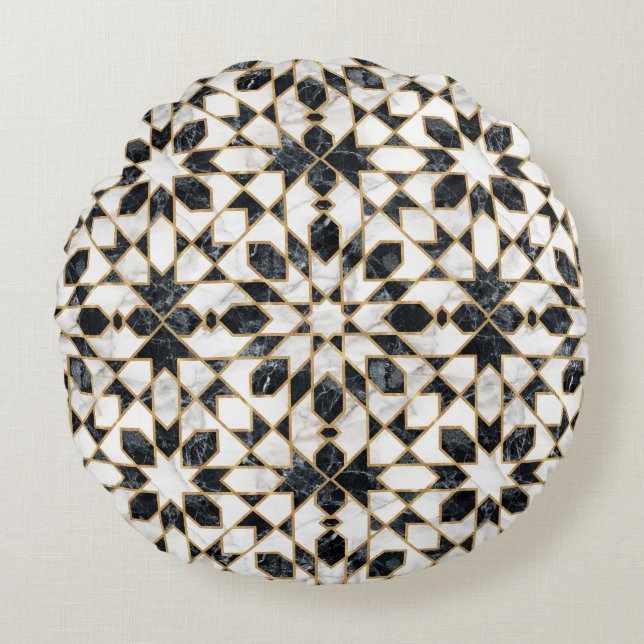 Black and White Marble Moroccan Mosaic Rund Kudde (Framsidan)