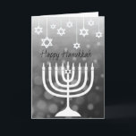 Black and White Menorah Lycklig Hanukkah Kort<br><div class="desc">Svarta och vita stjärnor på David och Lycklig Hanukkah menorah-personlig kort.</div>