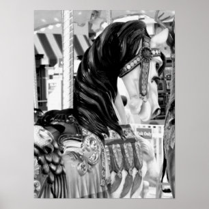 Black and White Merry-Go Round Horse Poster