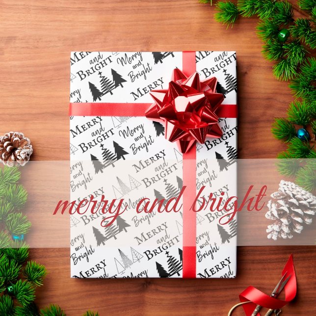 Black and White Merry och Bright Julgranar Presentpapper (Skapare uppladdad)
