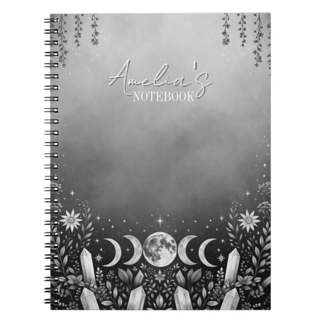 Black and White Minimalist Celestial Moon Phase Anteckningsbok (Framsidan)