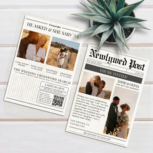 Black and White Modern Newspaper Wedding Inbjudningar (Skapare uppladdad)