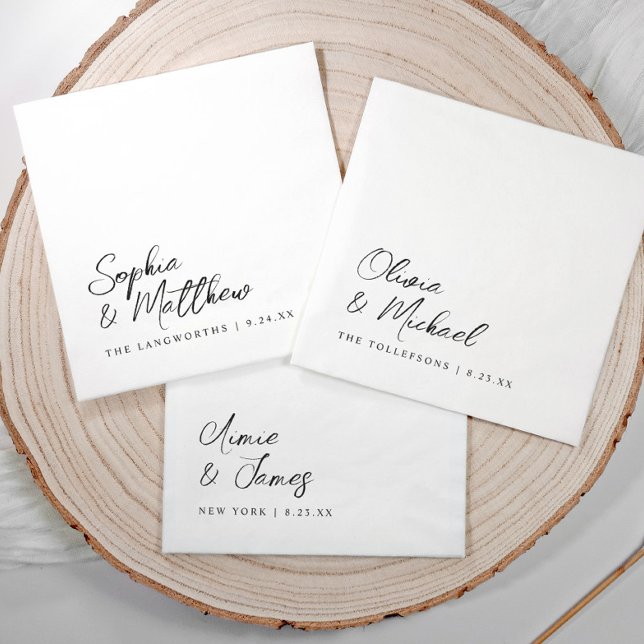 Black and White Modern Trendy Handwritten Wedding Pappersservett (Modern black and white wedding napkins with handwritten script names and date in lower corner.)