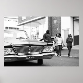 Black and White Monochrome Old Car People City Poster