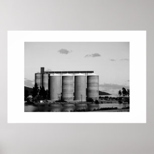 Black and White Monochrome Rural Grain Silos Poster
