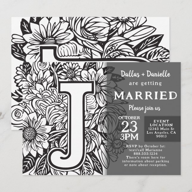Black and White Monogram J Tattoo Flowers Wedding Inbjudningar (Fram/baksida)