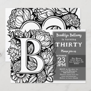 Black and White Monogram Tattoo Flowers Birthday Inbjudningar