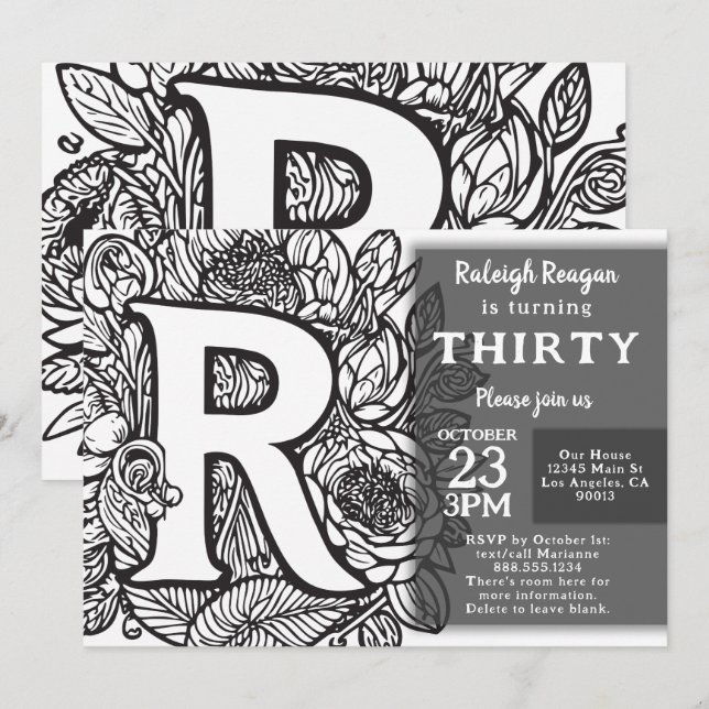 Black and White Monogram Tattoo Flowers Birthday Inbjudningar (Fram/baksida)