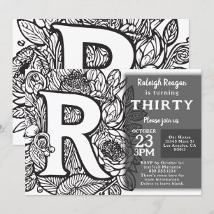 Black and White Monogram Tattoo Flowers Birthday Inbjudningar