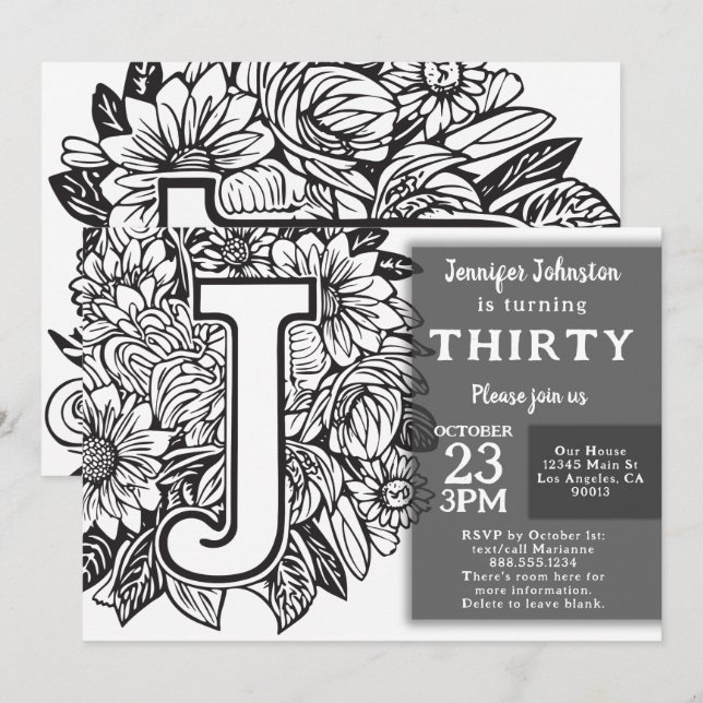 Black and White Monogram Tattoo Flowers Birthday Inbjudningar (Fram/baksida)
