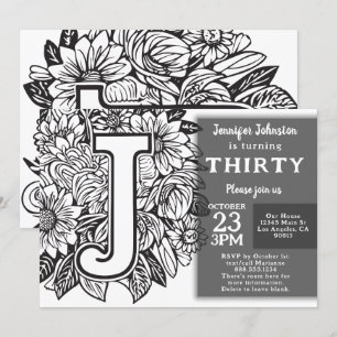 Black and White Monogram Tattoo Flowers Birthday Inbjudningar