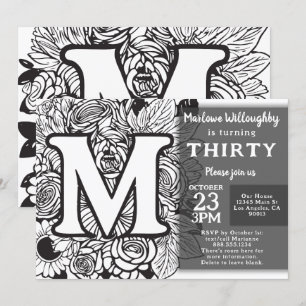 Black and White Monogram Tattoo Flowers Birthday Inbjudningar