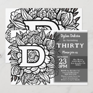 Black and White Monogram Tattoo Flowers Birthday Inbjudningar