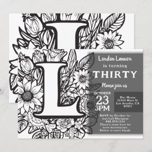 Black and White Monogram Tattoo Flowers Birthday Inbjudningar