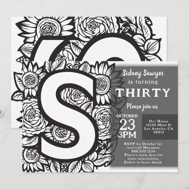 Black and White Monogram Tattoo Flowers Birthday Inbjudningar (Fram/baksida)
