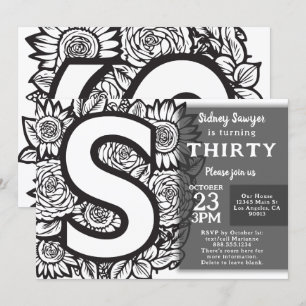 Black and White Monogram Tattoo Flowers Birthday Inbjudningar