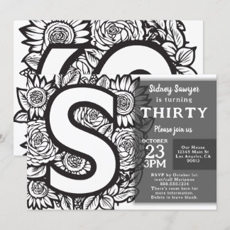 Black and White Monogram Tattoo Flowers Birthday Inbjudningar