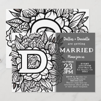 Black and White Monogram Tattoo Flowers Wedding Inbjudningar