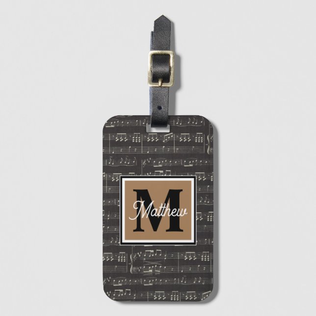Black and White Music Note Musician Monogram Bagagebricka (Framsida vertikal)