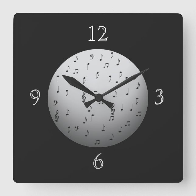 Black and White Musik noter> Music Wall Clocks Fyrkantig Klocka (Framsida)