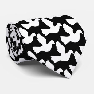 Black and white neck tie with white peace doves slips