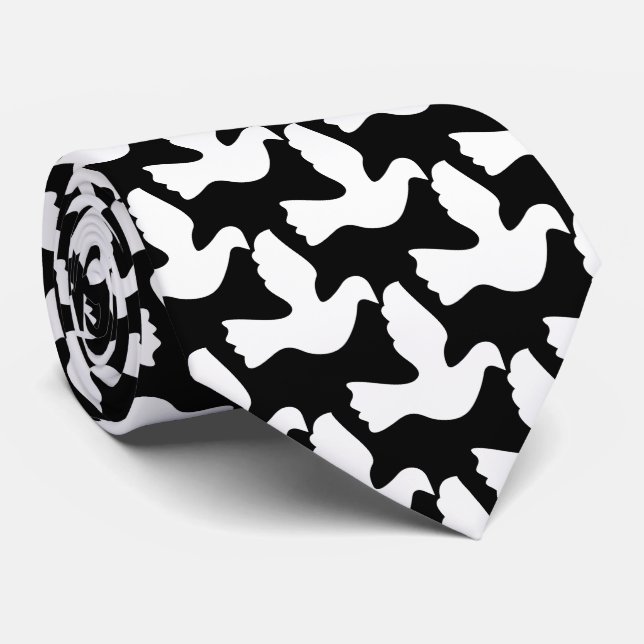 Black and white neck tie with white peace doves slips (Rullad)