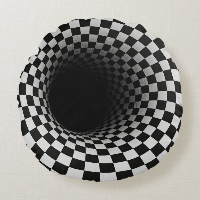 Black and White Optical Illusion Tunnel Rund Kudde (Framsidan)