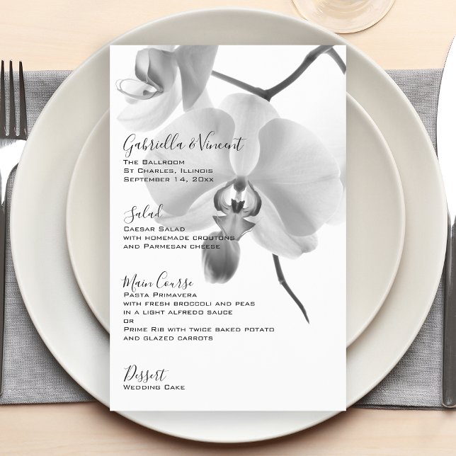 Black and White Orchids Bröllop Menu (Add a touch of elegance to your marriage reception, bridal shower luncheon or rehearsal dinner.)