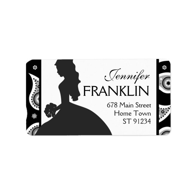 Black and White Paisley Bride Address Label Adressetikett (Framsidan)