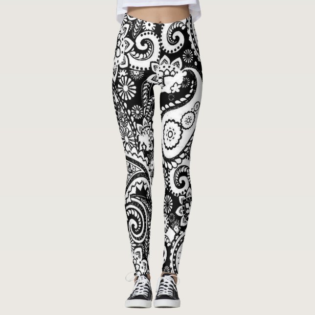 Black and White Paisley Mönster Leggings (Framsida)