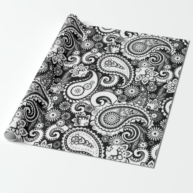 Black and White Paisley Mönster Presentpapper (Utrullad)