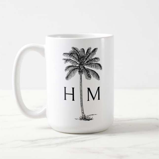 Black and White Palm Palmetto Tree Monogram Kaffemugg (Vänster)