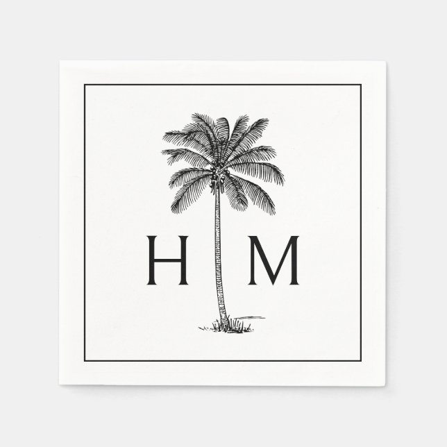 Black and White Palm Palmetto Tree Monogram Pappersservett (Framsidan)