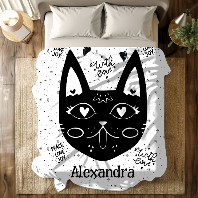 Black and White Peace, Kärlek, Joy Anpassningsbar  Fleecefilt (Black and White Peace, Love, Joy Custom Cat Mom Fleece Blanket)