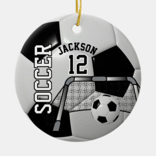 ⚽ Black and White Personalize Fotbol Julgransprydnad Keramik