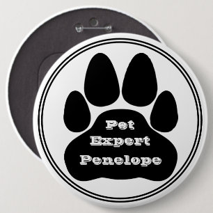 Black and White Pet Expert Paw Print Namn bricka Knapp