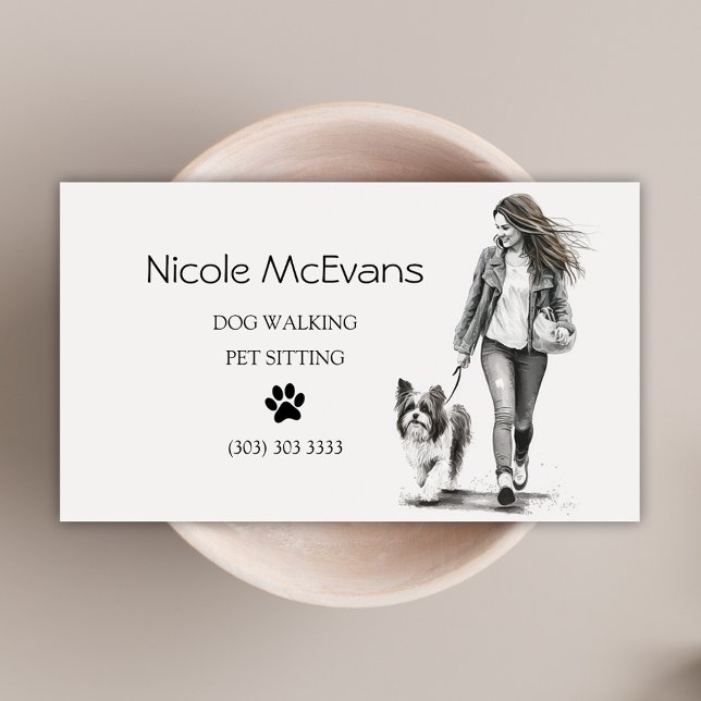 Black and White Pet Sitter Dog Walker Visitkort (Pet Sitter Dog Walker Watercolor Business Card)