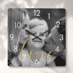 Black and White Photo Gold Script Love Fyrkantig Klocka<br><div class="desc">Personalize with your favorite family photo,  featuring a beautiful white script font with the word love,  creating a unique memory and gift to treasure! Designed by Thisisnotme©</div>