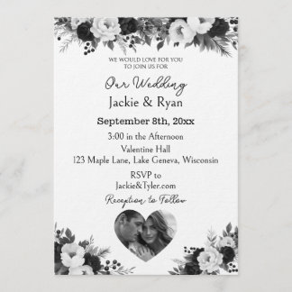 Black and White Photo Template Botanical  Wedding  Inbjudningar