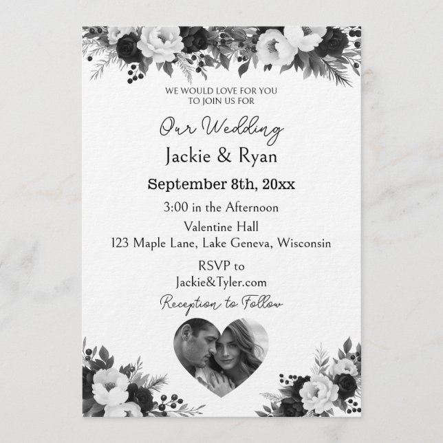 Black and White Photo Template Botanical  Wedding  Inbjudningar (Framsida)