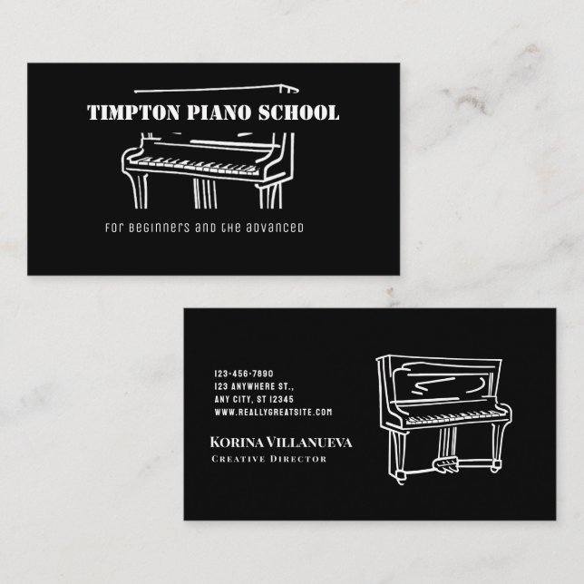 Black and White Piano illustration Music Teacher Visitkort (Fram/baksida)