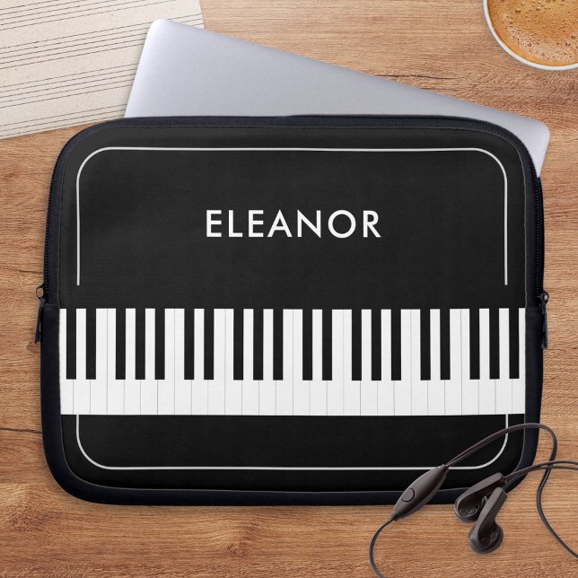 Black and White Piano Keys Musician's Personalized Laptop Fodral (A stylish laptop sleeve with black and white piano keys design and personalized name)